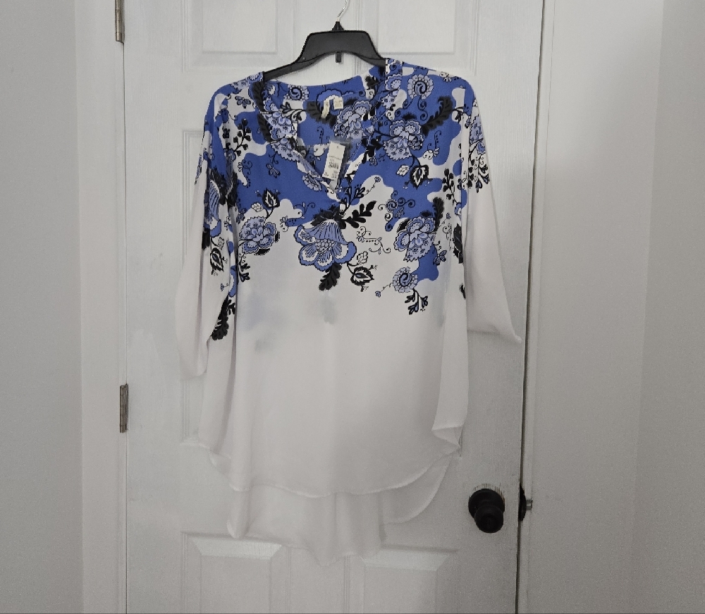 Cato Blue and White Asymmetrical Blouse with Mandarin Collar